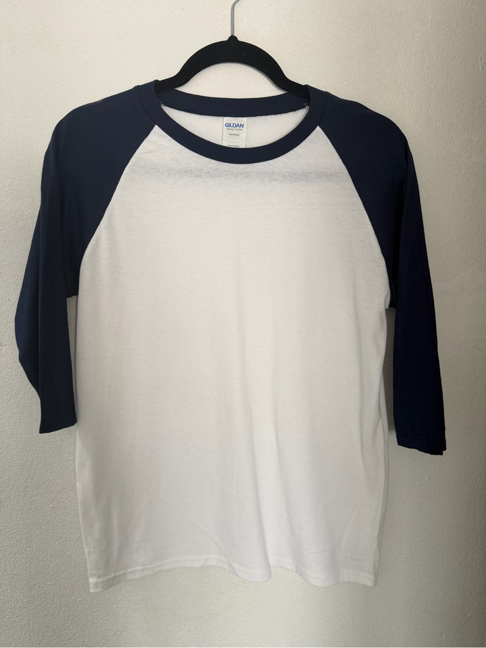 Gildan White Body Navy Sleeve Raglan Long Sleeve Tee